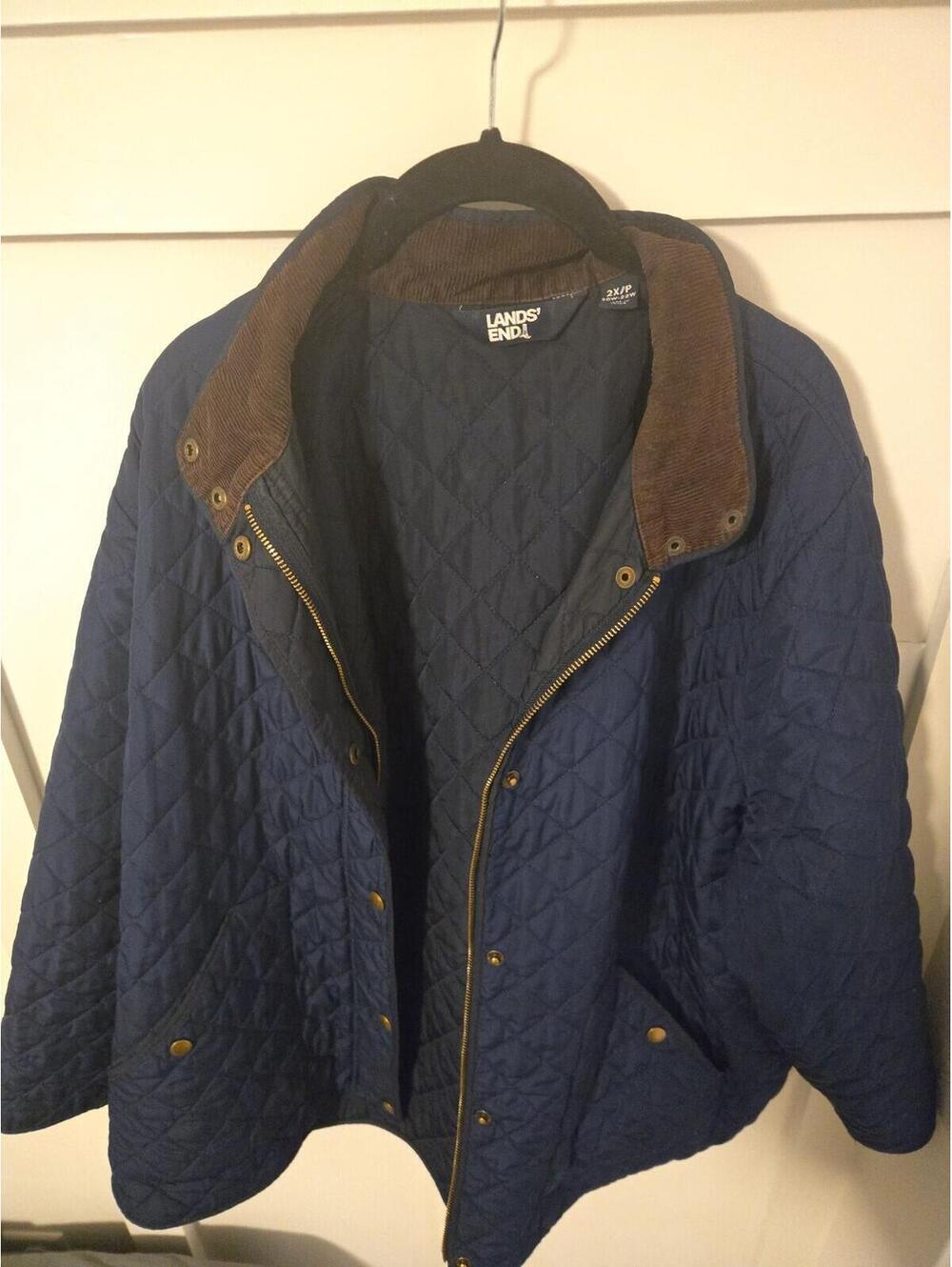 Lands' End Women's Plus 2X/P Navy Diamond Quilted Jacket with Corduroy Collar - Picture 1 of 5
